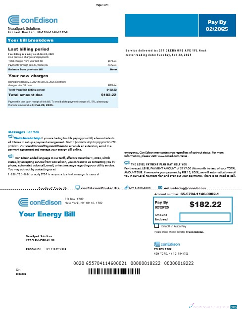 Download USA New York Conedison business utility bill Word and PDF template, version 2 Photoshop template